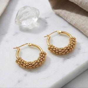 18 Karat Gold Plated Stainless Steel Beaded Textured Hoop Earrings Daily Jewelry